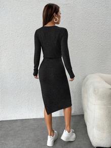 SHEIN PETITE Women's Solid Knit Spaghetti Strap Dress And Long Sleeve Button-Front Cardigan Set, Suitable For Spring/Fall