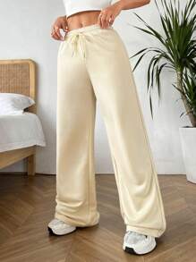 SHEIN EZwear 女性實色拉繩時尚寬腿運動褲,適合日常穿著 - 杏色 - 查看 5