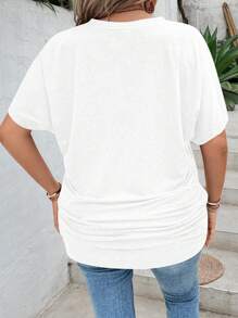 EMERY ROSE Plus Size Women's Summer Solid Color V-Neck Short Sleeve Pleated Casual T-Shirt