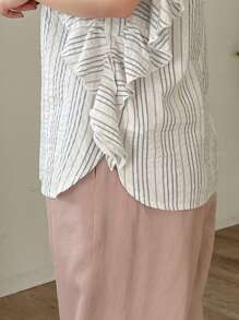 FRIFUL Camisa de mujer con cuello redondo a rayas, mangas de volantes en los hombros, adecuada para el verano, con volantes - Multicolor - Ver 7