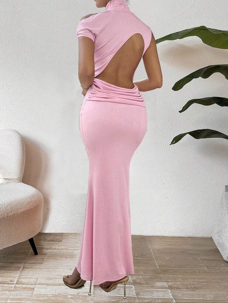 Knitted Solid Color Backless Mermaid Hem Dress