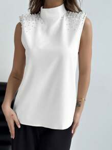 Aloruh Camisa De Cuello Alto Para Mujer Con Hombro Acolchado De Color Sólido Y Decoración De Perlas, Adecuada Para El Verano