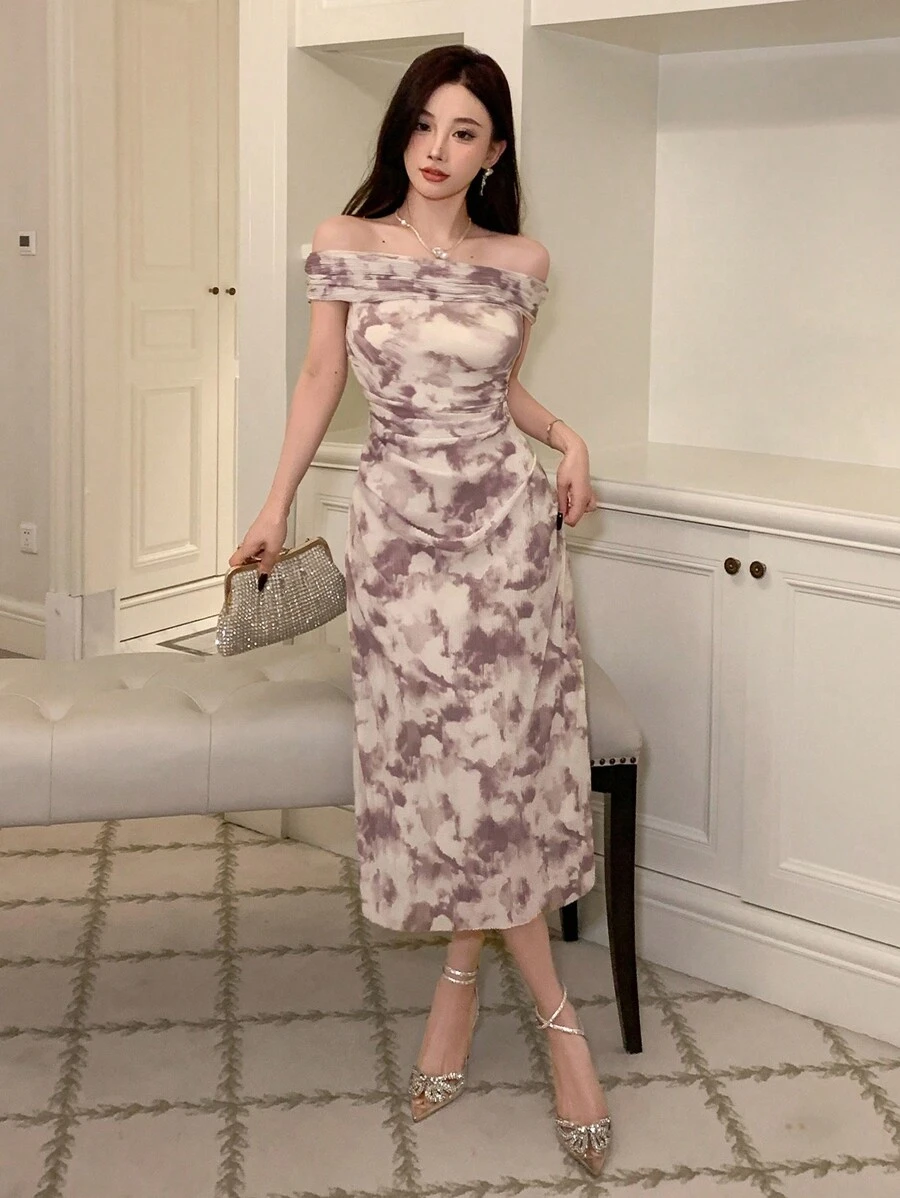 DAZY 女士印花露肩连衣裙，收腰设计，适合舞会、吊带裙等场合，花卉图案 - 淡紫色 - 查看 1