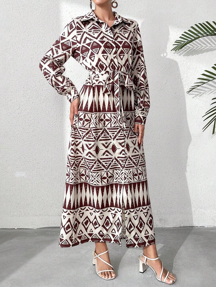 Women's Geometric Printed Long Sleeve Arabic Style Dress