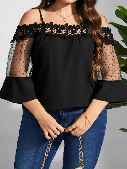 Flouryn Plus Size Mesh & Embroidery Patchwork Open Shoulder Tank Top