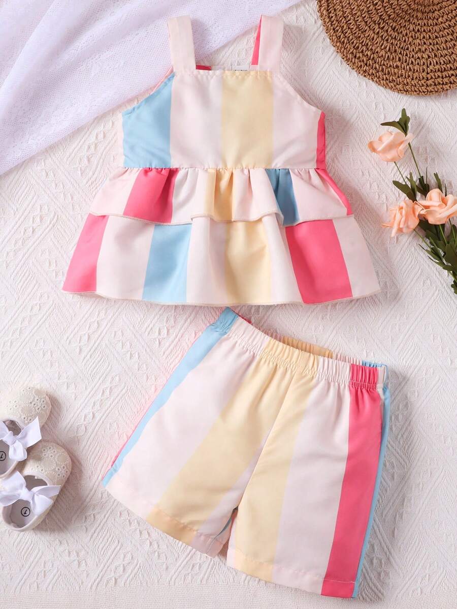 寶寶女孩夏季可愛甜美服裝,無袖上衣和短褲 - 彩色 - 查看 1