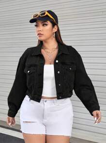 SHEIN EZwear 大碼單排扣牛仔夾克,適合春秋季節穿著 - 黑色 - 查看 3