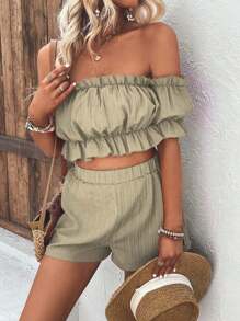 Breezaya Women's Off-Shoulder Crop Top And Shorts Set For Summer - Khaki - View 3