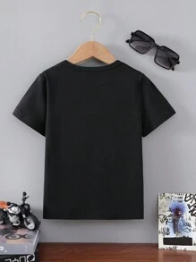 Young Boy Cute Colorful Letter & Excavator Pattern Casual Short Sleeve T-Shirt For Summer - Black - View 2
