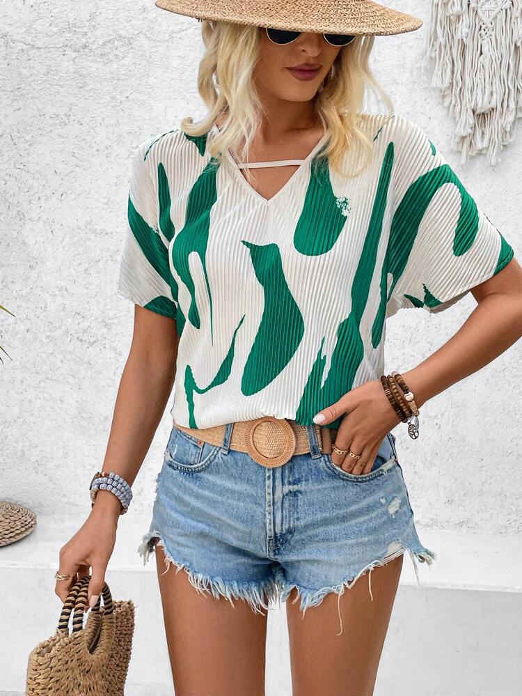 Women's Printed Pleated Batwing Sleeve Blouse For Summer