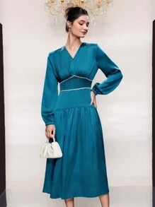 Modelyn Woven Belt Patchwork Lantern Sleeve Dress Long Evening Dresses - Navy Blue - View 6