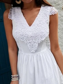 EURMUSE Guipure Lace Notched Neckline Detailed Long Dress - White - View 6