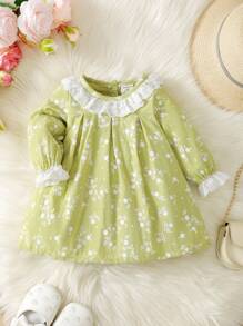 SHEIN Newborn Baby Girl Floral Ruffle Hem Long Sleeve Dress