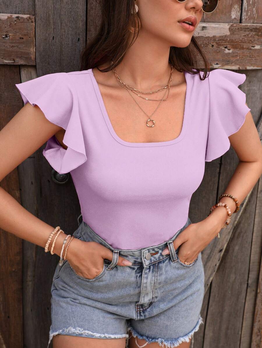 SHEIN LUNE 女士方領荷葉邊短袖t恤粉色上衣 - 淡紫色 - 查看 1