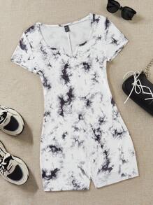 SHEIN EZwear 水洗染針織緊身短袖連體褲 - 彩色 - 查看 1