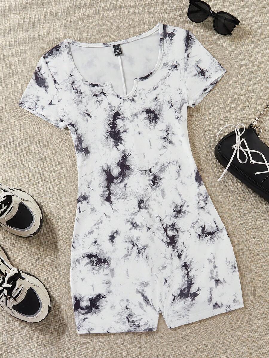 SHEIN EZwear 水洗染針織緊身短袖連體褲 - 彩色 - 查看 1