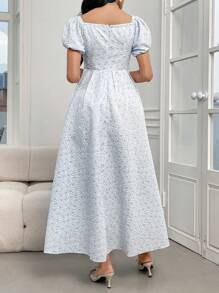 Modelyn Robe longue du soir à taille élastique avec imprimé floral et décolleté en cœur pour femmes - Bleu et Blanc - Voir 2