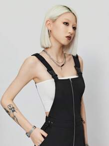 SHEIN EZwear 女式gorpcore前中拉鍊工裝連身裙 - 黑色 - 查看 7