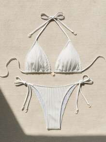 SHEIN Swim Conjunto de bikini separado de unicolor con cuello de halter para mujer, para playa de verano