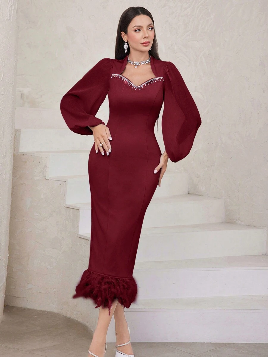 Modelyn Burgundy Red Color Block Turkey Feather Hemline And Lantern Sleeve Bodycon Dress - Burgundy - View 1