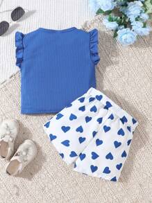 SHEIN Young Girl Round Neck Ribbed Top And Heart Printed Shorts Two-Piece Set