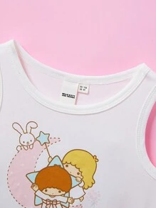 HELLO KITTY AND FRIENDS | SHEIN 少女月亮卡通印花荷葉邊背心上衣和粉色短褲睡衣套裝 - 粉色 - 查看 4