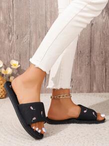 Fall/Winter Women's Embroidered Bow Slip-On House Slippers, Plush Indoor Slippers For All Seasons, Flat Women Slippers, Home Floor Slippers,Fluffy Slippers - Black - View 6