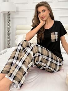 SHEIN Conjunto De Pijama Feminino Xadrez Com Camiseta E Calça - Damasco - Visão 3