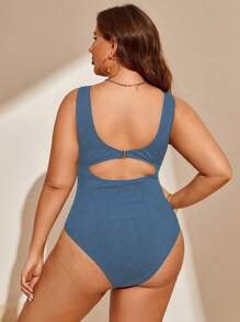 SHEIN Swim Curve Summer Beach Plus Size Women's Solid Color Cross Front One Piece Swimsuit - Blue - View 2