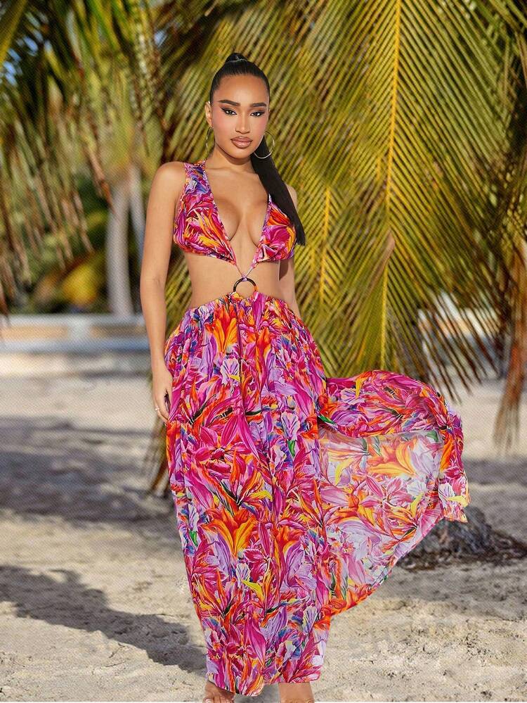 Women'S Deep V-Neck Plant Pattern Print Dress With Hollow Out Waist And High Slit