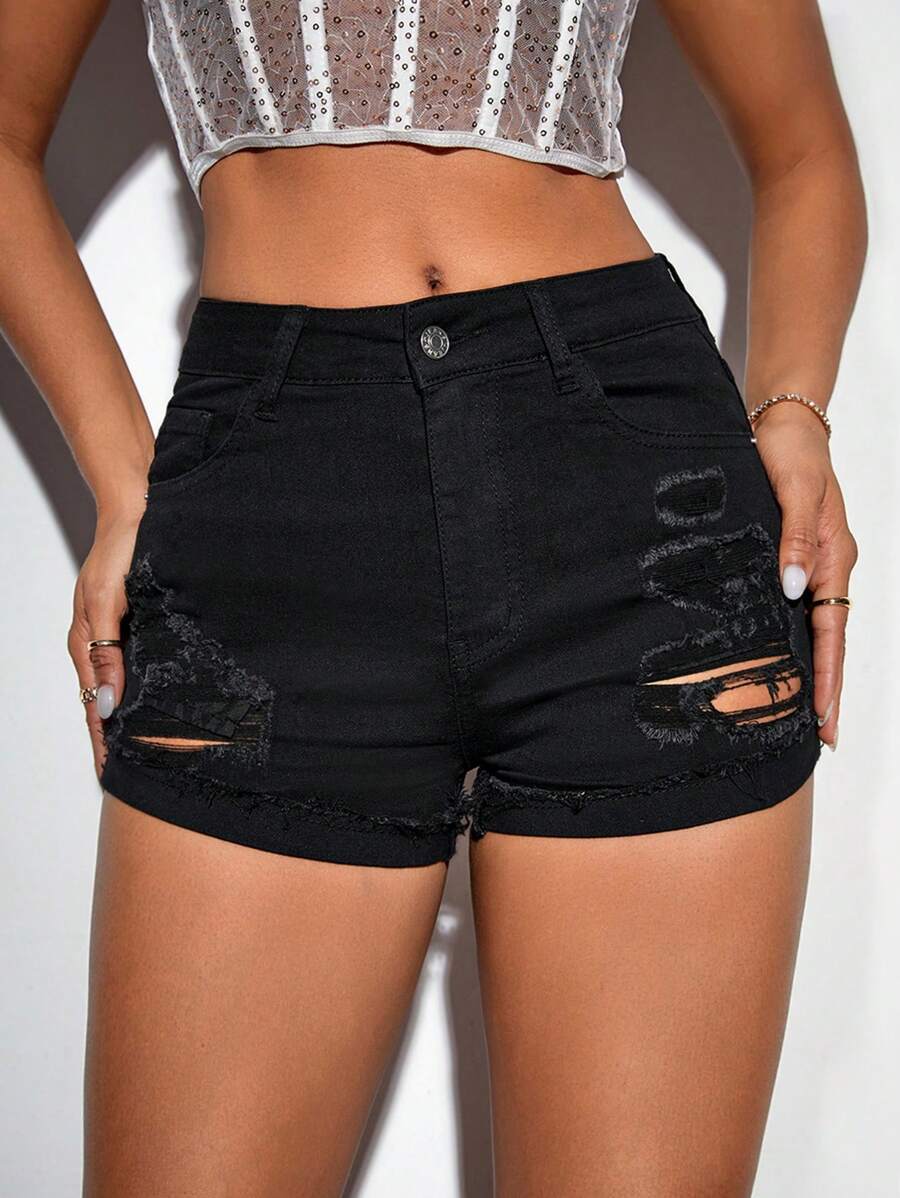 SHEIN Tall Distressed Denim Shorts - Black - View 1
