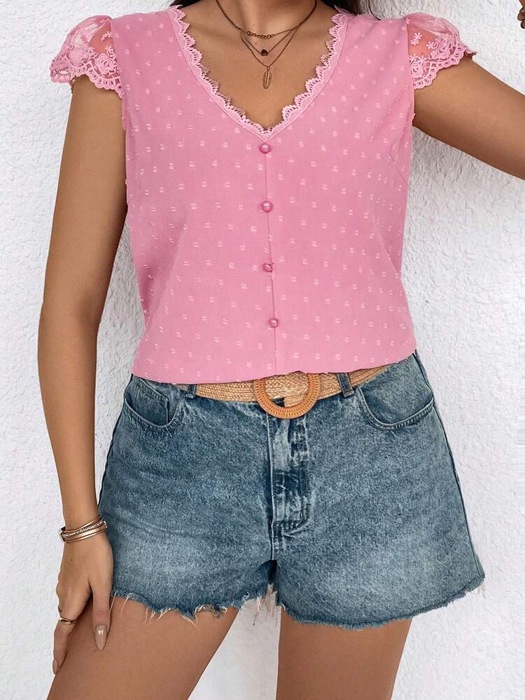 Plus Size Women's Fashionable Sweet Pink Polka Dot Shirt