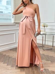 SHEIN 女性素色簡單斜肩孕婦裝,腰帶裝飾 - 粉色 - 查看 2