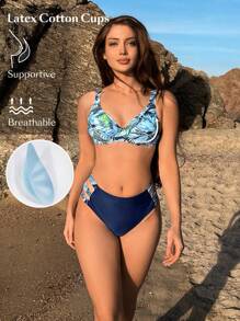 SHEIN Swim Summer Tropical Printed V-Neck Bikini Set With Patchwork Design - Multicolor - View 4