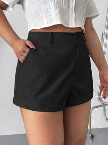 SHEIN EZwear Plus Size Plain Casual Cuffed Shorts - Black - View 4