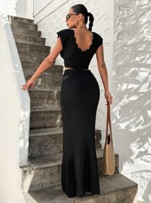 EURMUSE Women's Knitted Short Top And Long Mermaid Skirt2pcs Set - Black - View 2
