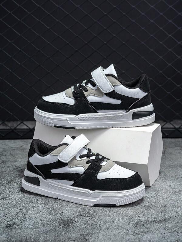 أحذية رياضية عصرية باللونين الأسود والأبيض للربيع والخريف مع نعل مقاوم للانزلاق - حزام قابل للتعديل - أحذية جامعية مناسبة للاستخدام اليومي، للمراهقين