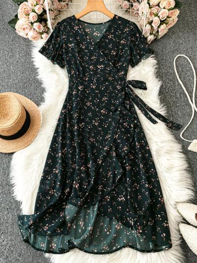 EMERY ROSE 女式长款花卉连衣裙，带交叉领口、侧开衩和收腰长款女装