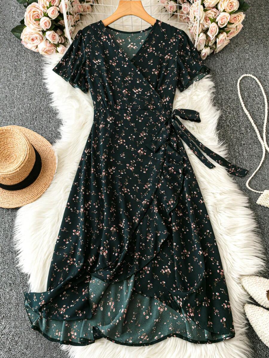 EMERY ROSE 女式长款花卉连衣裙，带交叉领口、侧开衩和收腰长款女装 - 彩色 - 查看 1