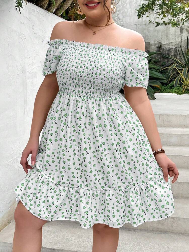 Plus Size Fresh Ditsy Floral Print Off-Shoulder Ruffle Hem Bodycon Dress With Frill Trim
