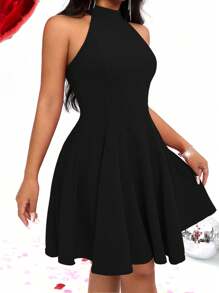SHEIN Unity Ladies' Solid Color Halter Neck Waist-Drawstring Dress - Black - View 6