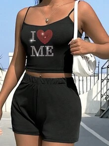 SHEIN Essnce Của phụ nữ Bộ Của Pha lê Mẫu Áo ba lỗ Và Quần short - màu đen - Xem 1