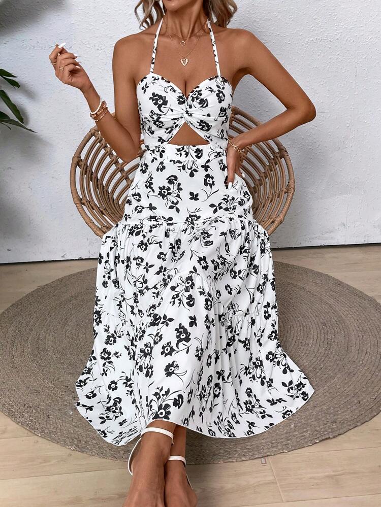 Women's Printed Halter Neck Dress + Printed Scarf Set