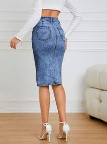 SHEIN Privé Denim Skirt With Pockets And Side Split - Dark Wash - View 3