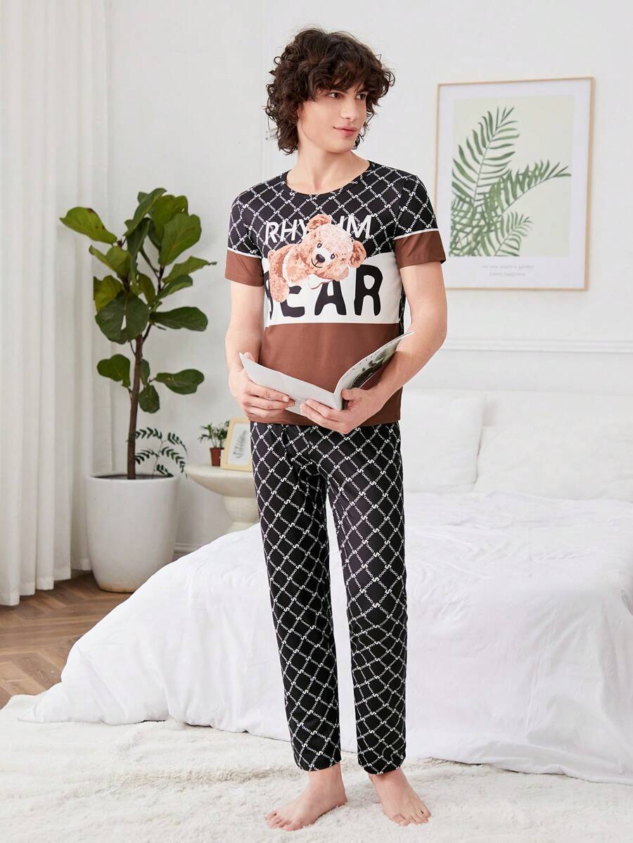 Teen Boy's Simple Cartoon & Letter Printed Short Sleeve T-Shirt And Pants Pajama Set, Fashionable 2pcs - Multicolor - View 1