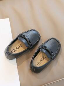 Kids Casual Minimalist Slip-On Round Toe Flat Loafer Shoes - Black - View 3