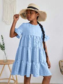 SHEIN Tween Girls' Woven Jacquard Solid Color Loose Fit Short Sleeve Dress With Ruffle Trimmed Hemline