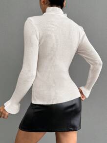 RueChic Frill Trim Mock Neck Ribbed Knit Slim Fit Sweater - Beige - View 2