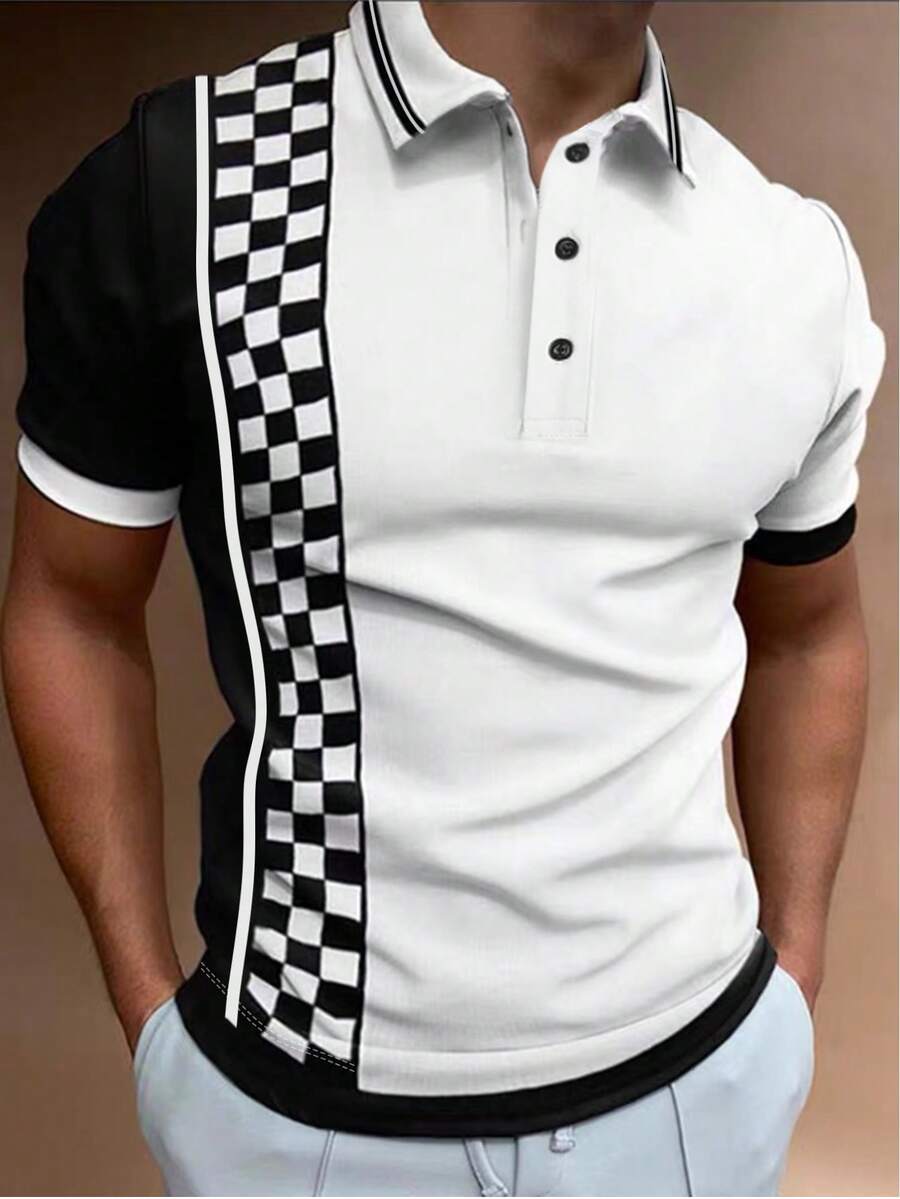 Manfinity Homme Polo De Hombre Con Botones Y Patchwork A Cuadros - Blanco - Ver 1
