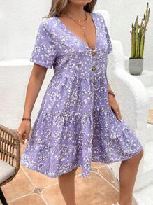 SHEIN VCAY Plus Size Women's V-Neck Front Button Decor Short Sleeve Dress, Suitable For Summer Holiday And Casual Wear - Mauve Purple - View 6